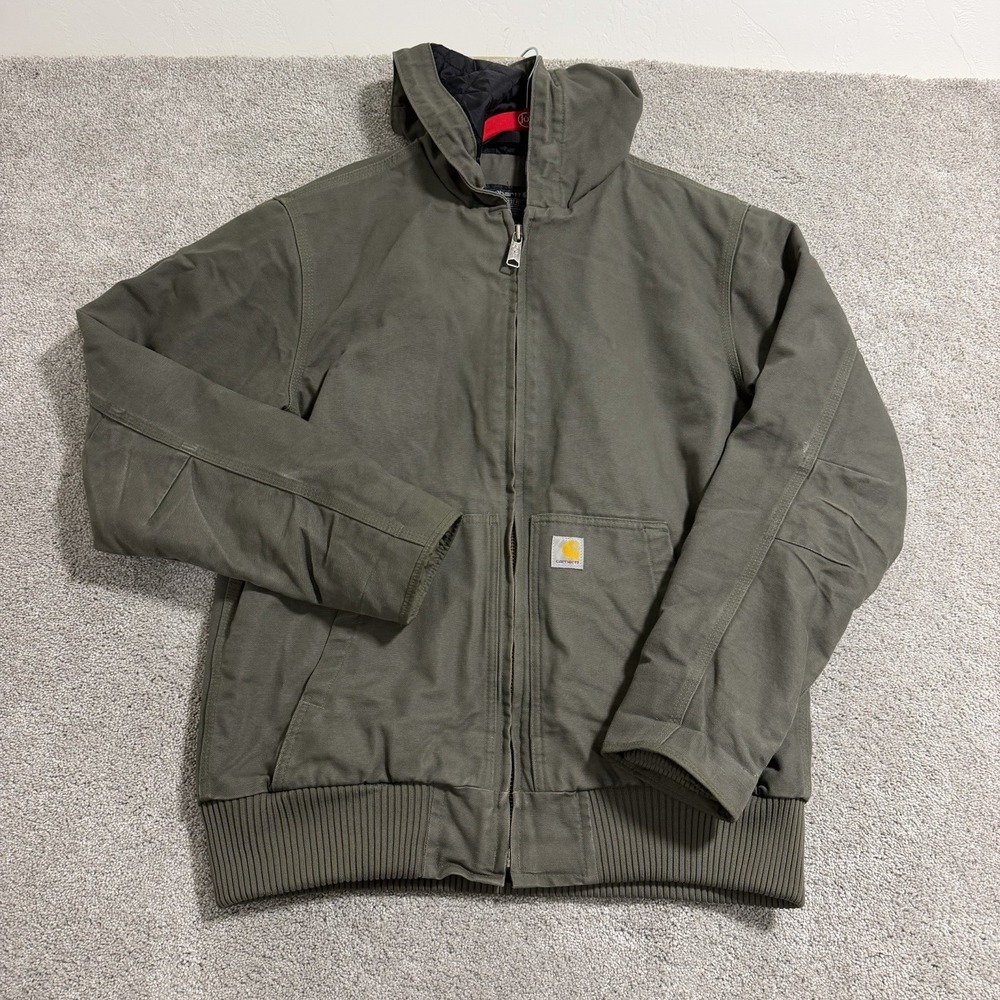 Carhartt Duck Jacket Mens Sz M Green Canvas Hooded Insulated Quilted 104050 MOS